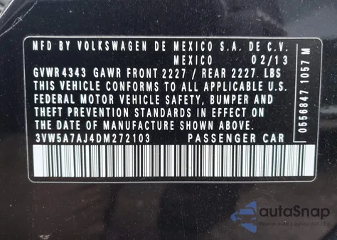 2013 Volkswagen Jetta Gli z USA, uszkodzony, nr VIN 3VW5A7AJ4DM272103